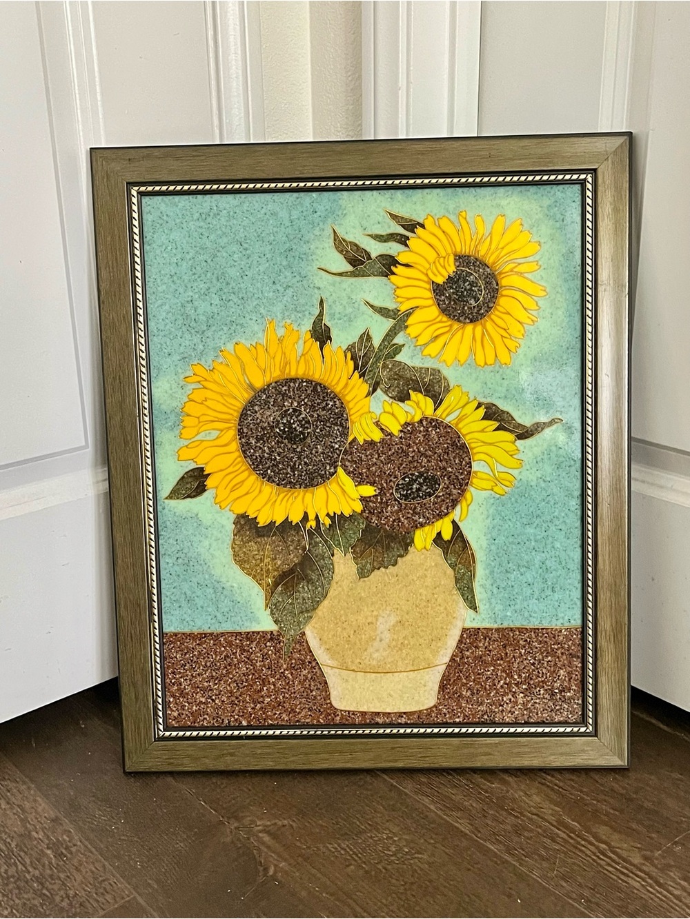 Vintage Ceramic Tile Art Arrangement Of Three Sunflowers In Vase 17/21 Inches